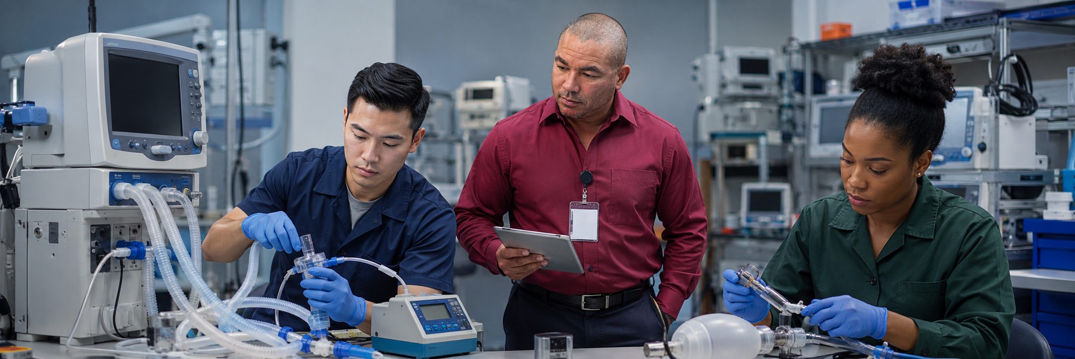Biomedical equipment technicians performing anesthesia machine preventive maintenance