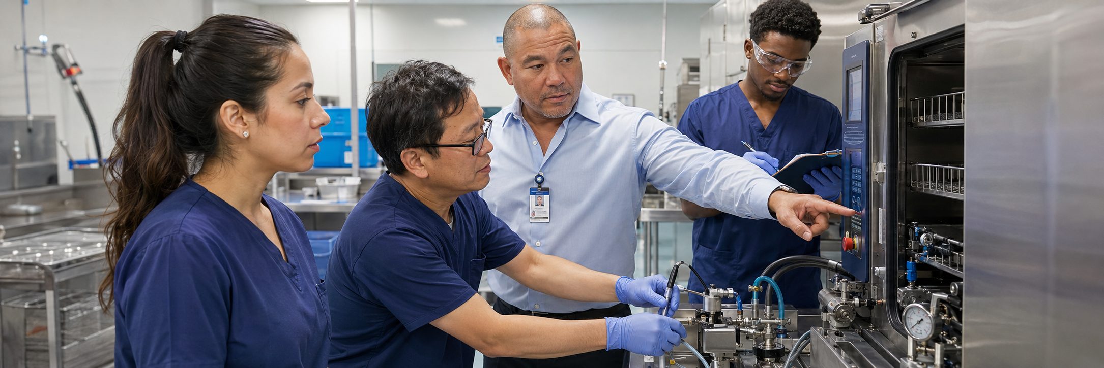 Biomedical equipment technicians training on anesthesia machine service procedures