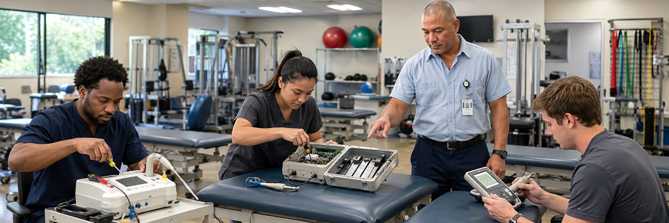 Biomedical technicians performing infusion pump preventive maintenance in an infusion suite