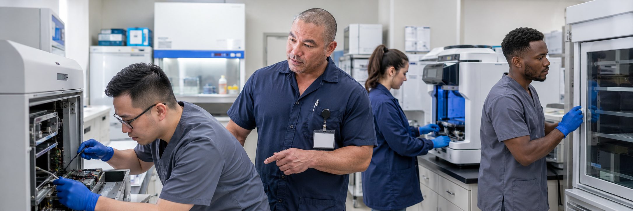 Biomedical technicians performing infusion pump preventive maintenance in an infusion suite
