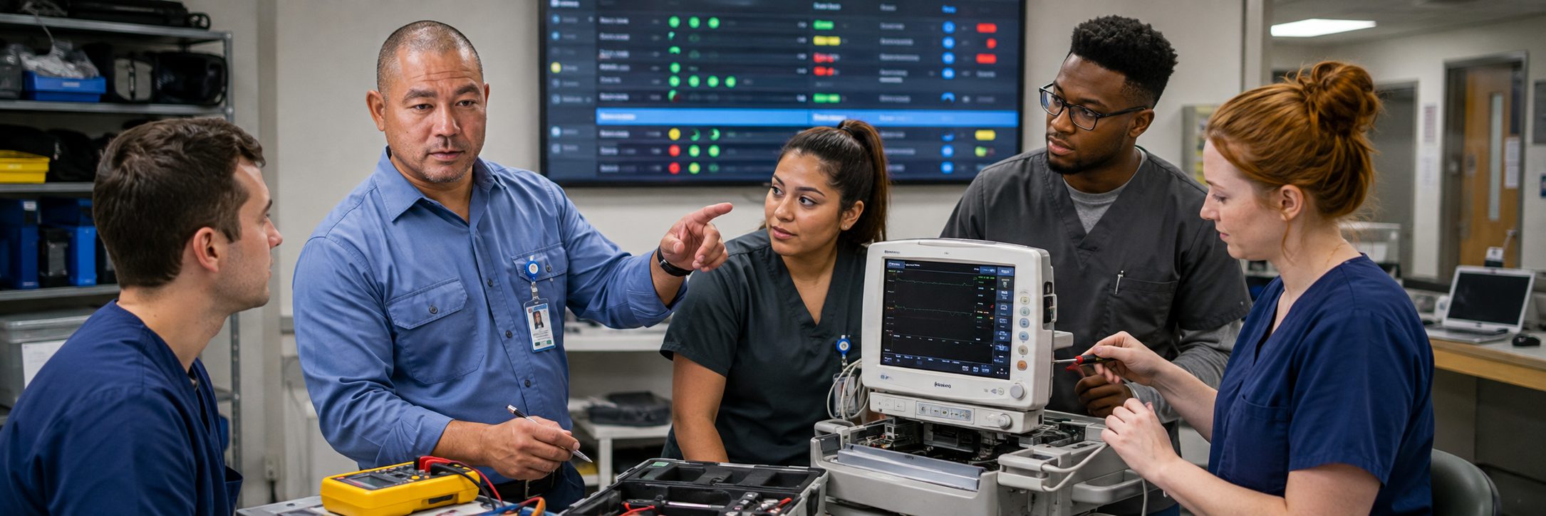 Biomedical technicians performing infusion pump preventive maintenance in an infusion suite