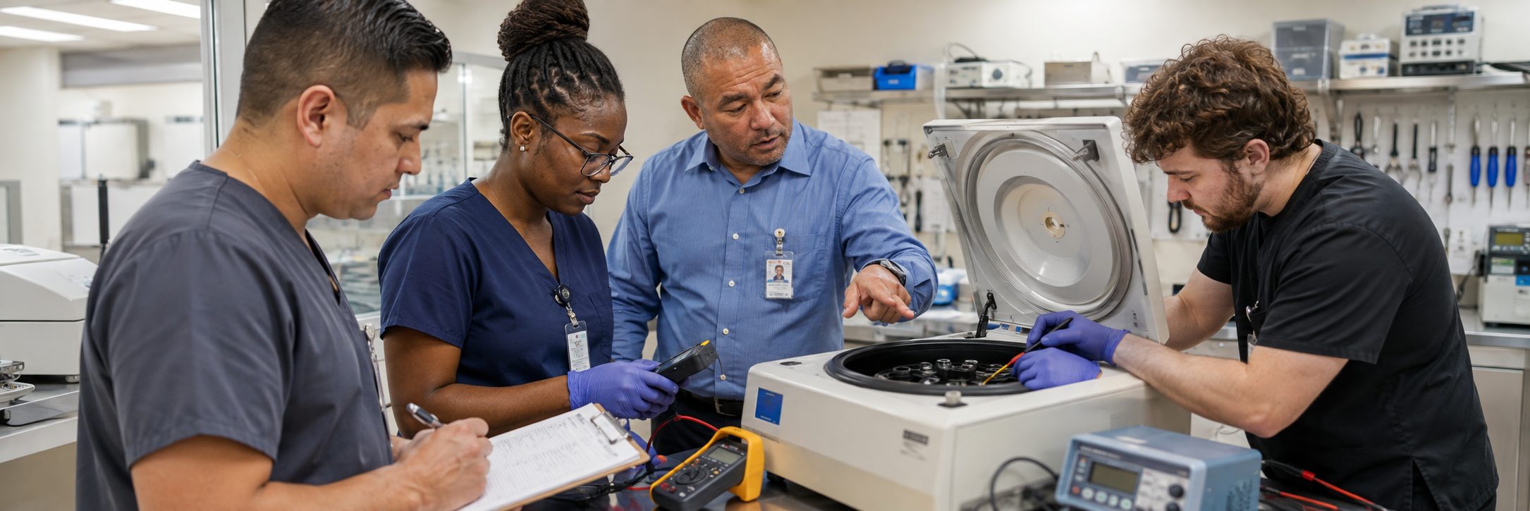 Biomedical technicians performing infusion pump preventive maintenance in an infusion suite
